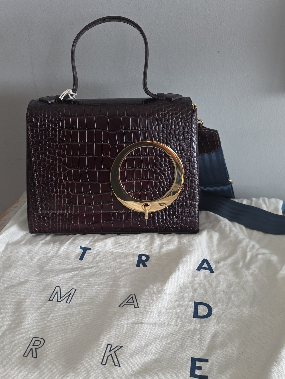 NWT Trademark Dark Brown Croc-Embossed Top-Handle Bag with Gold Ring Accent